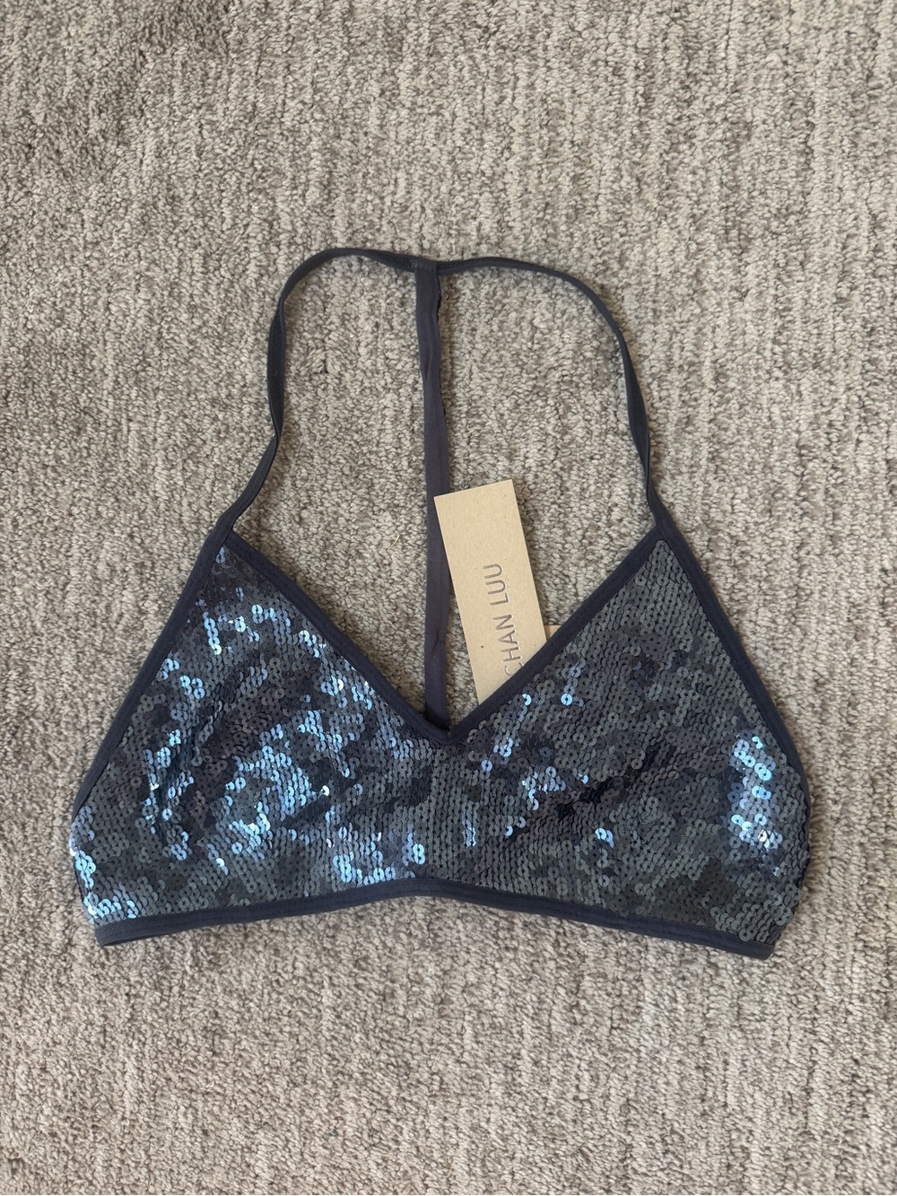 Chan Luu NWT Blue Silver Sequin Triangle  T-back Bralette - Med